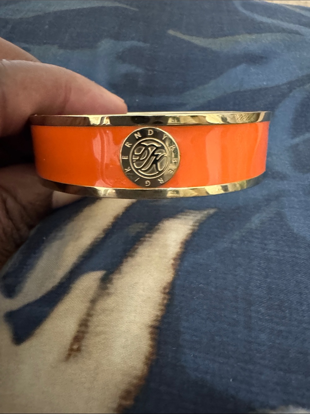 Dyrberg/Kern Gold Tone Orange Oval Hinged Enamel Bangle Bracelet Danish Design
